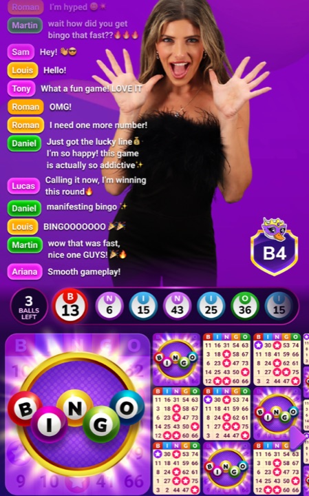 LivePlay Live Bingo: a live host celebrating a bingo call beside player cards and live chat