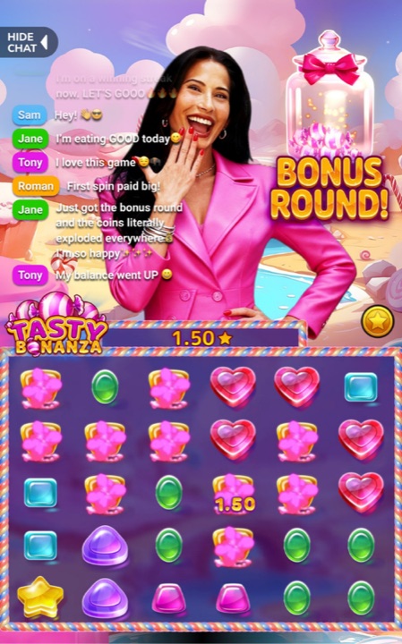 LivePlay Live Slots: a live host presenting Tasty Bonanza LIVE with a bonus round